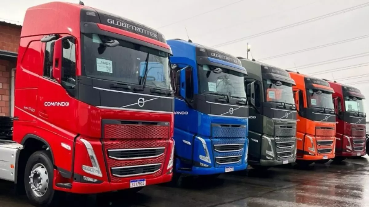 A foto mostra uma frota de caminhões da Comando Transportes e Logística