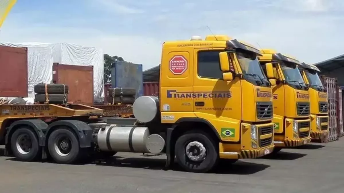 A foto mostra uma frota de carretas da Transpeciais