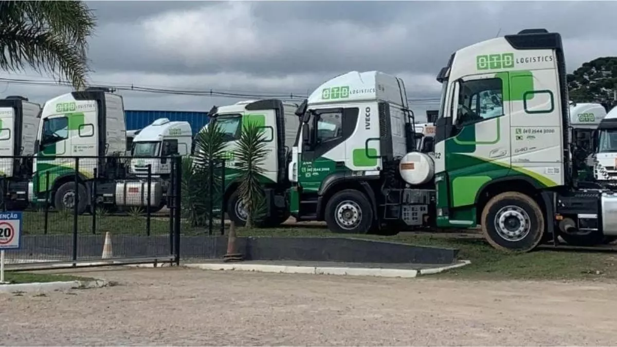 A foto mostra uma frota de caminhões da OTD Logistics