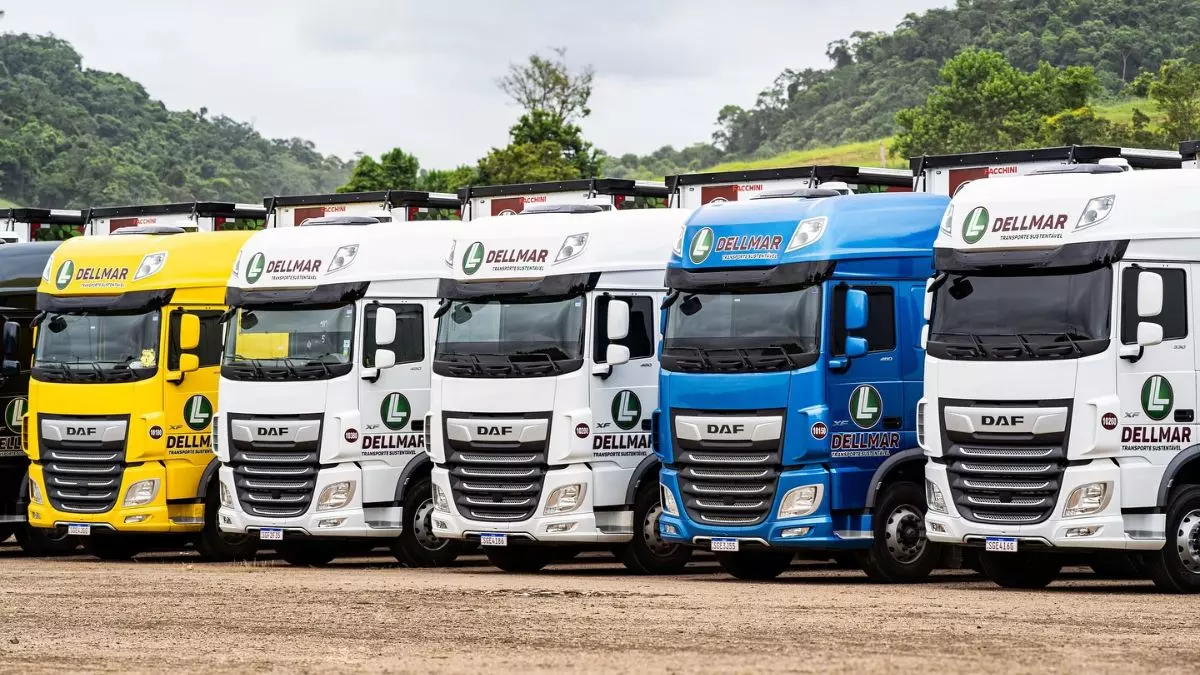 A foto mostra uma frota de caminhões da Dellmar Transportes