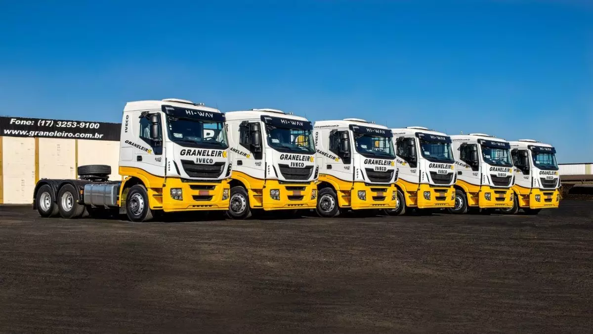 A foto mostra uma frota de caminhões da Graneleiro Transportes
