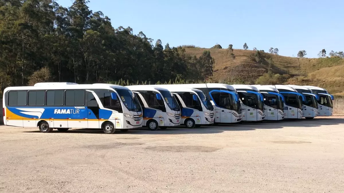 A foto mostra uma frota de ônibus da Famatur