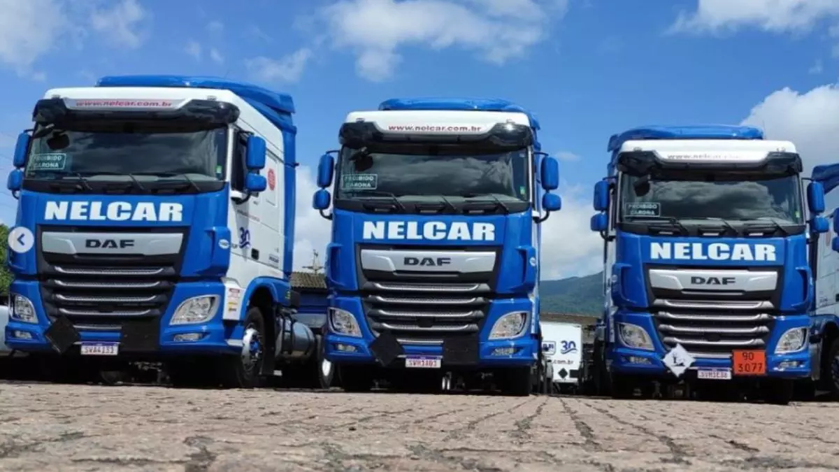 A foto mostra uma frota de caminhões da Nelcar Transportes
