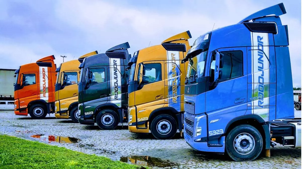 A foto mostra uma frota de caminhões da Rodojunior