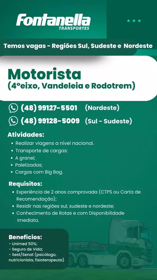 A foto mostra uma divulgação de vagas para Motoristas da Fontanella Transporte