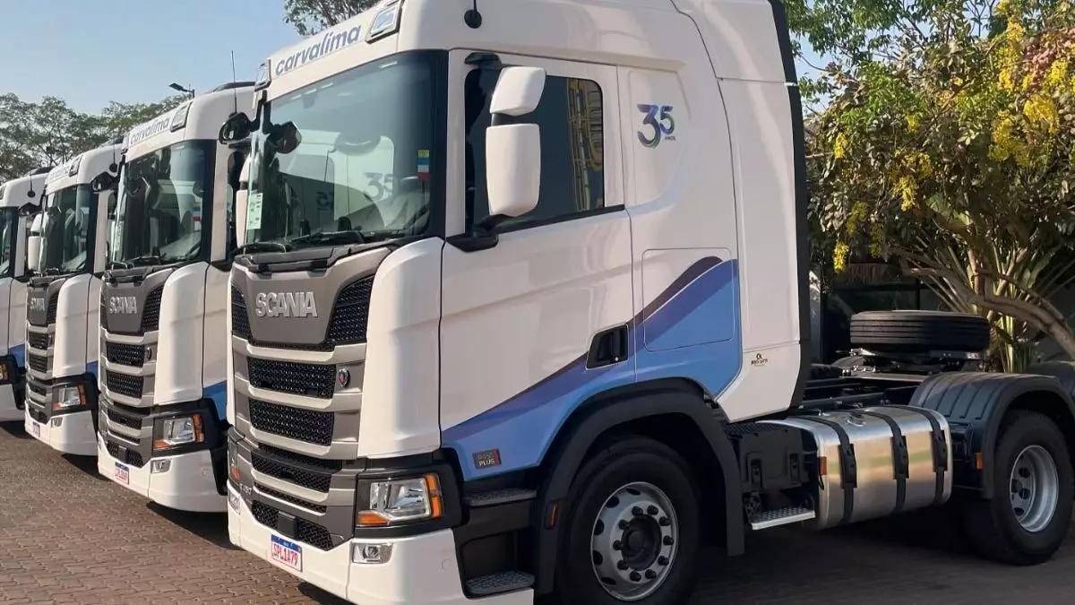 A foto mostra uma frota de caminhões da Carvalima Transportes