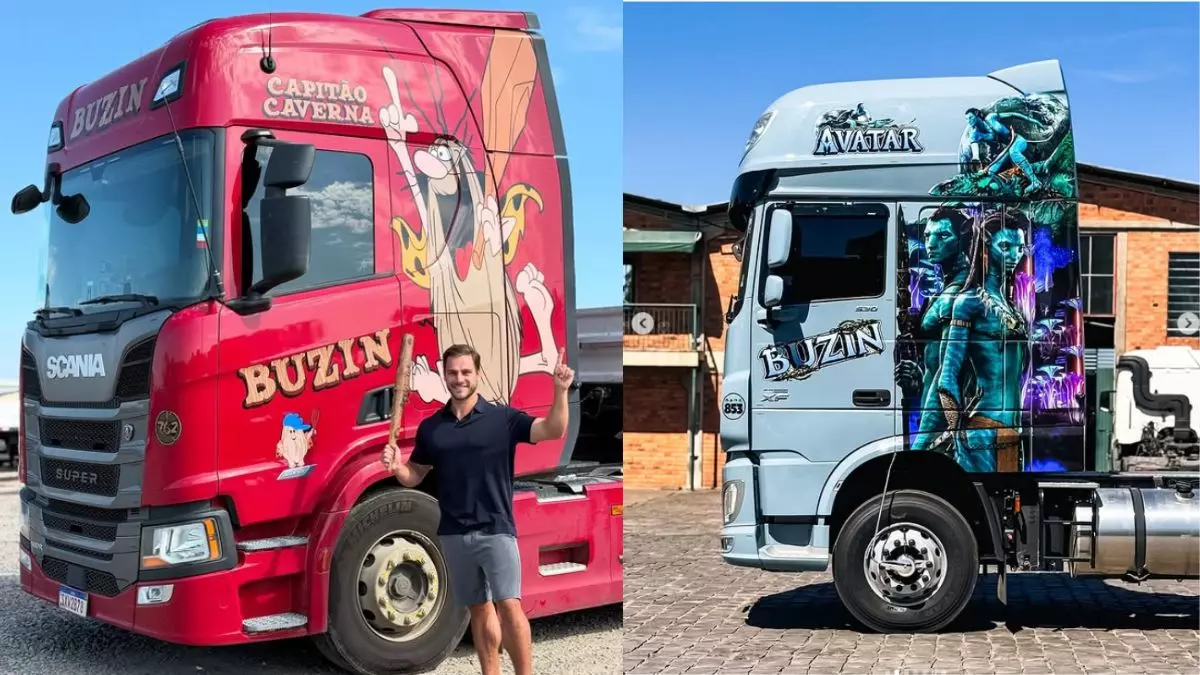 A foto mostra dois caminhões da Buzin Transportes