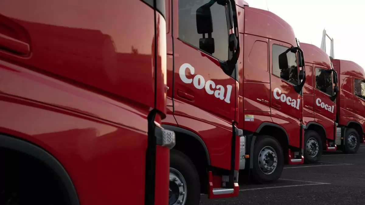 A foto mostra uma frota de caminhões da Cocal Transportes