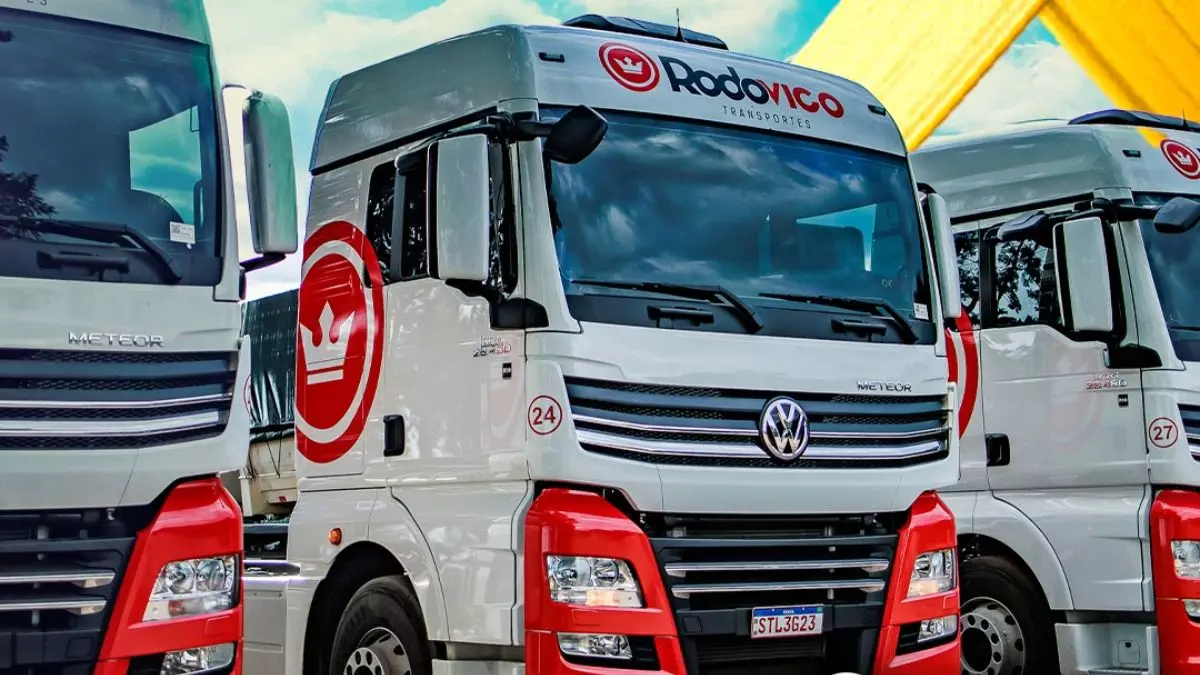 A foto mostra uma frota de caminhões da Rodovico