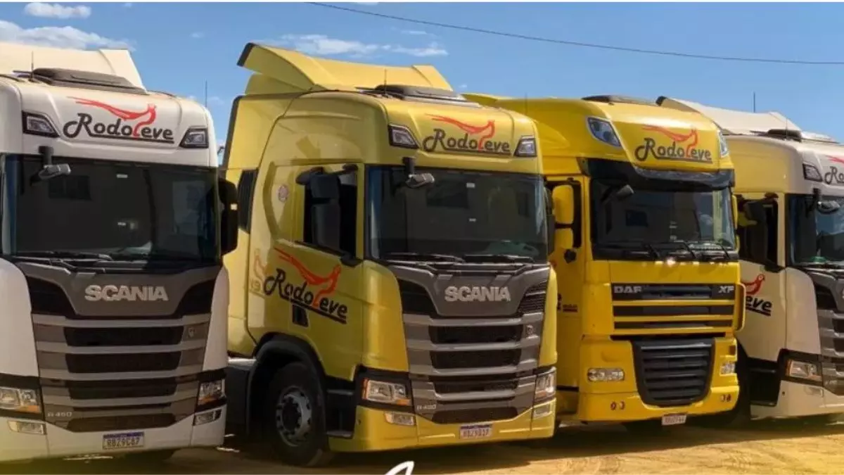 A foto mostra uma frota de caminhões da Rodoleve Transportes
