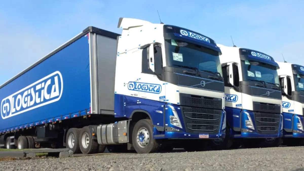 A foto mostra uma frota de carretas da GD Logística e Transportes