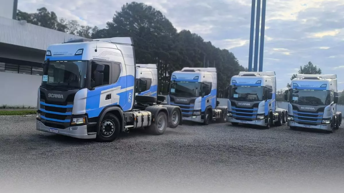 A foto mostra uma frota da Transportadora Hammes