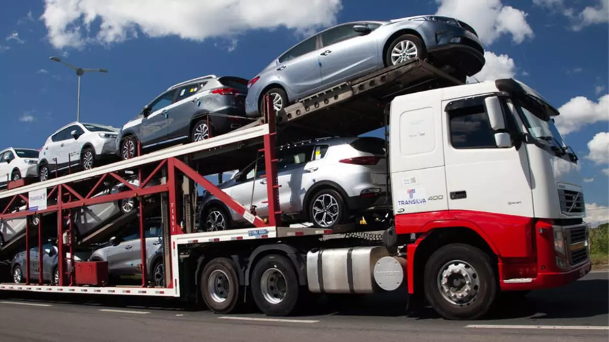 A foto mostra uma carreta cegonha da Transilva