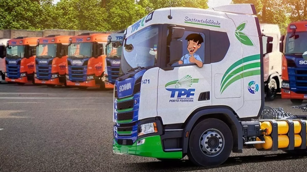A foto mostra uma frota de carretas da TPF 