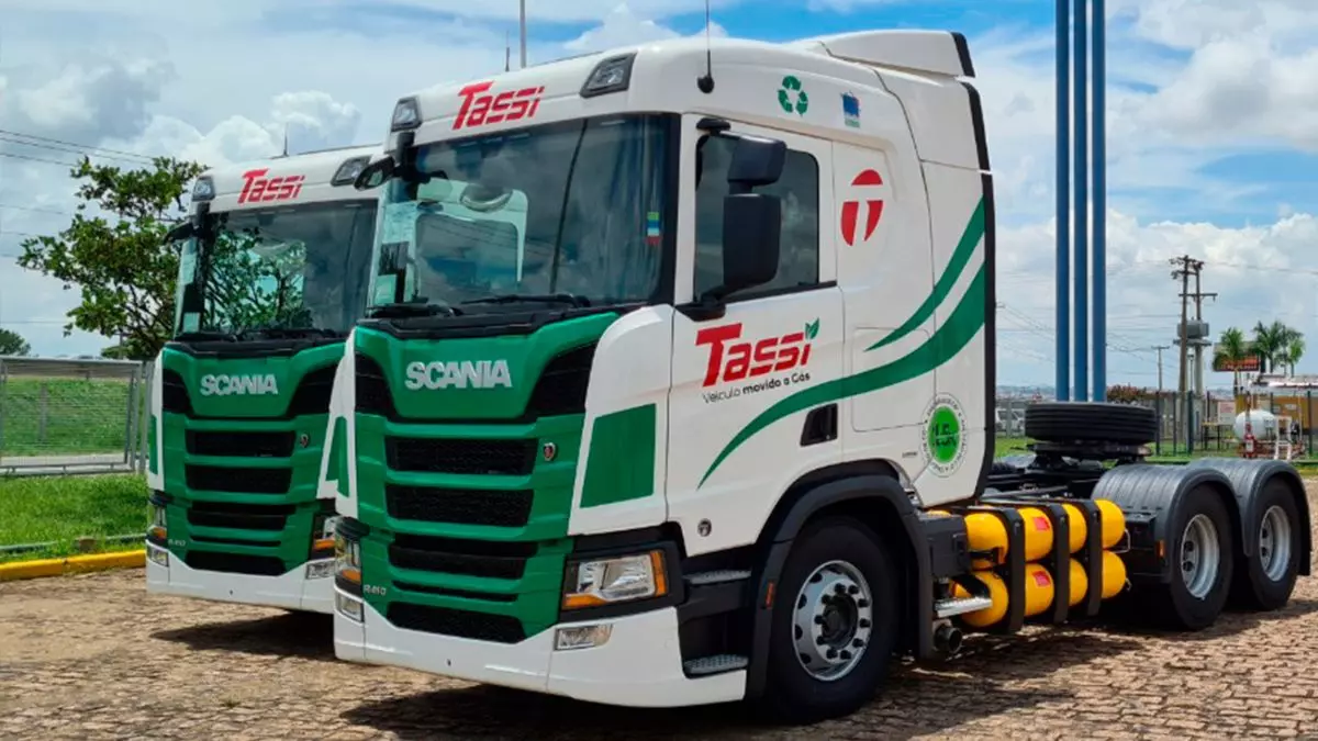 A foto mostra 2 caminhões da Transportadora Tassi