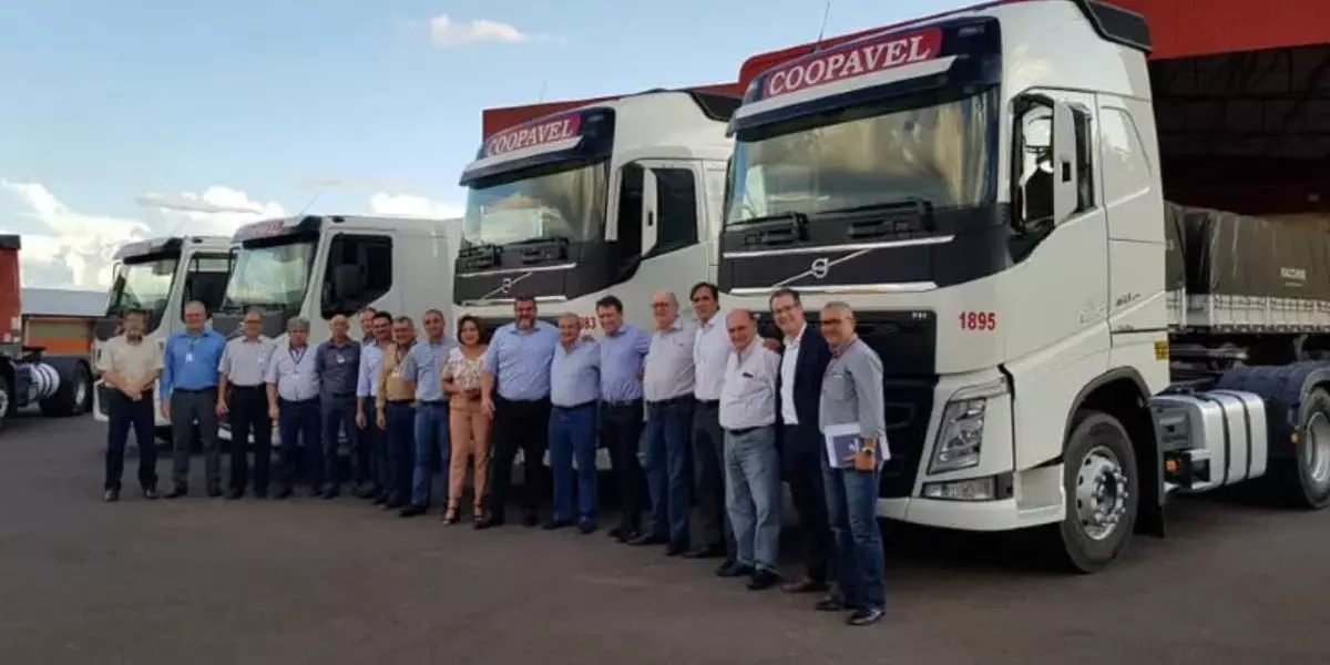 A foto mostra uma frota de caminhão da Coopavel e funcionários