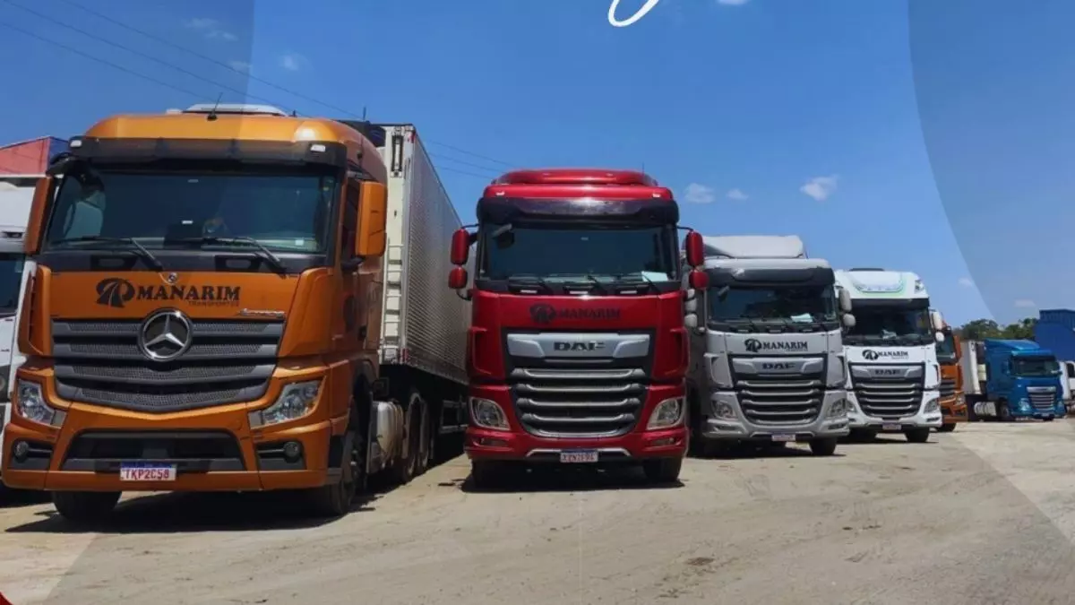 A foto mostra uma frota de caminhões da Manarim Transportes