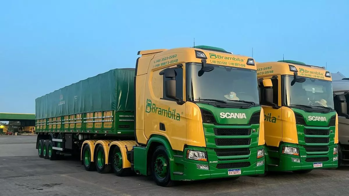 A foto mostra uma frota de carretas da Brambila Logística