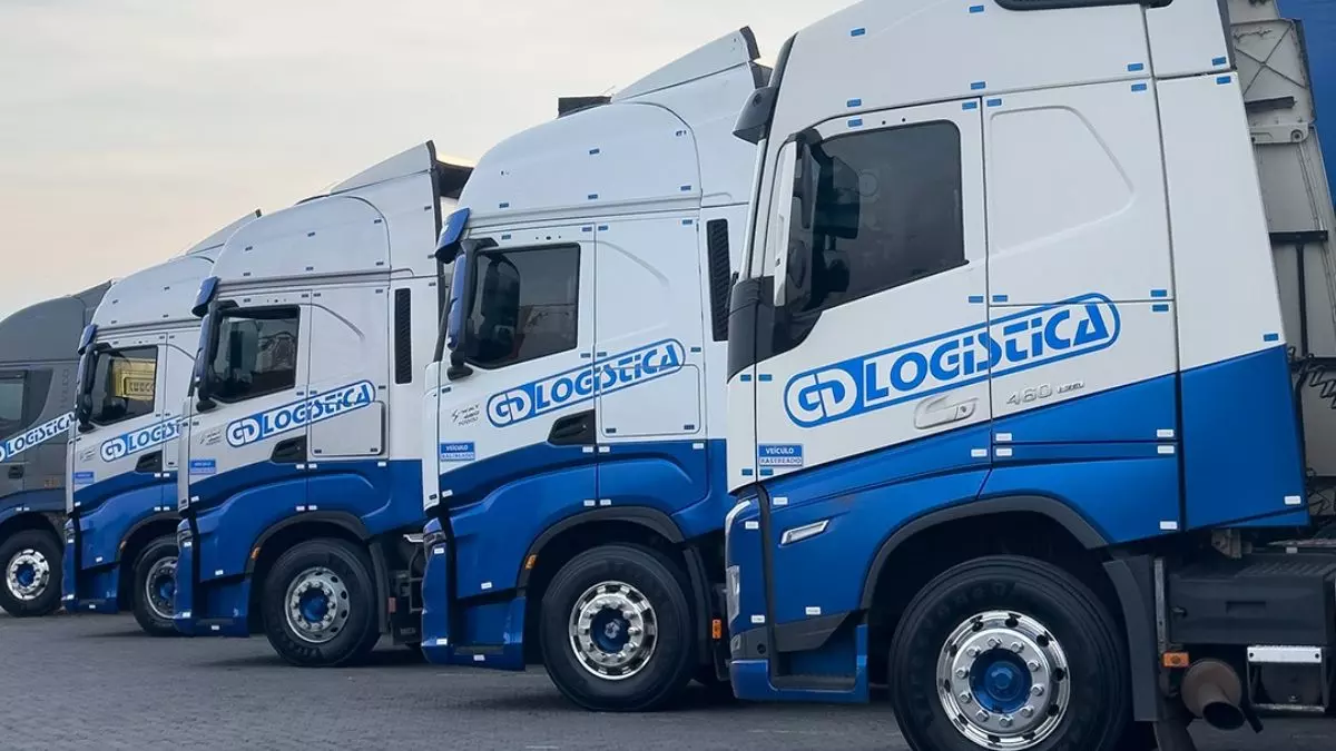 A foto mostra uma frota de caminhões da GD Logística
