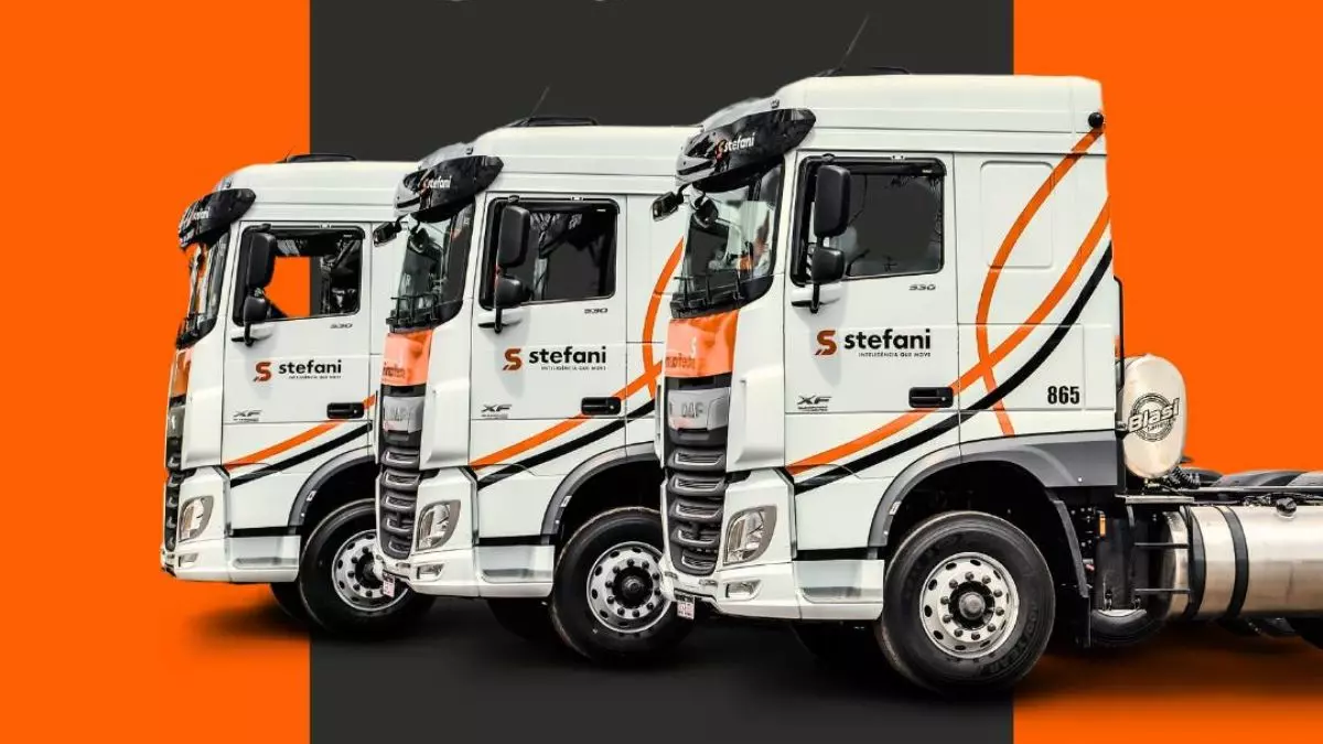 A foto mostra uma frota de caminhões da Stefani Transportes
