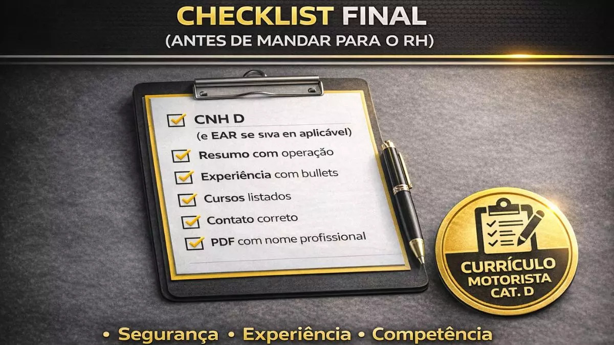 Checklist final antes de enviar currículo de motorista categoria D ao RH