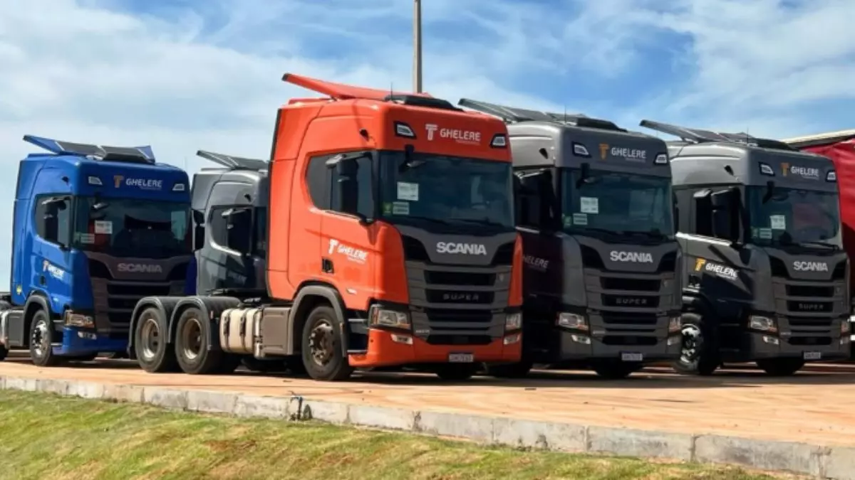 A foto mostra uma frota da Ghelere Transportes