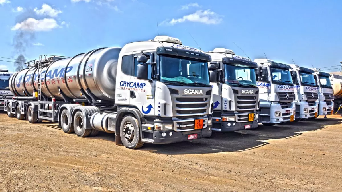 A foto mostra uma frota de carretas da Grycamp Transportes