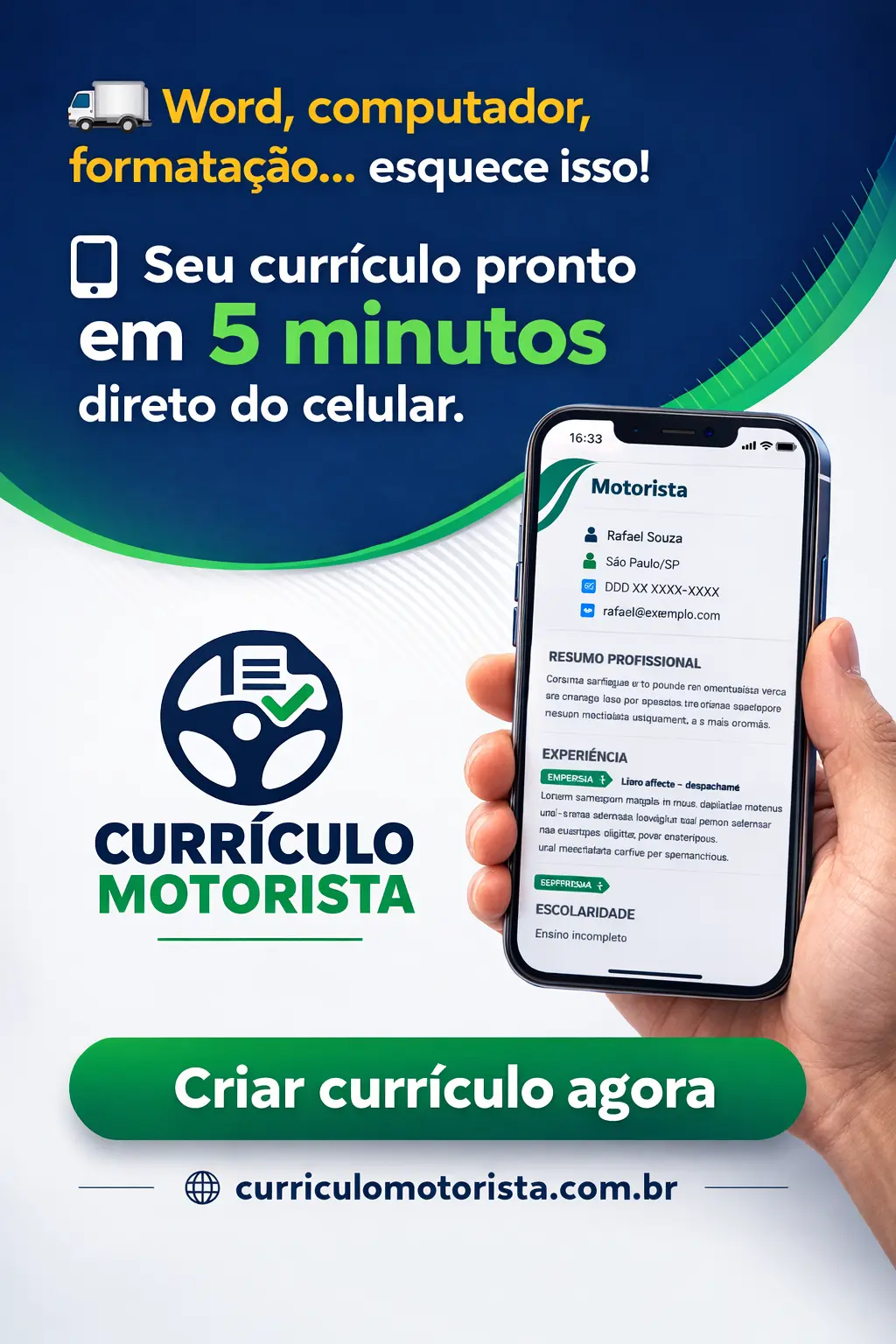 Divulgação do aplicativo curriculo motorista - Criar currículo agora