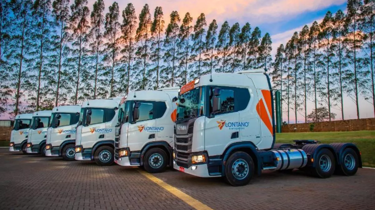 A foto mostra uma frota de caminhões da Lontano Transportes