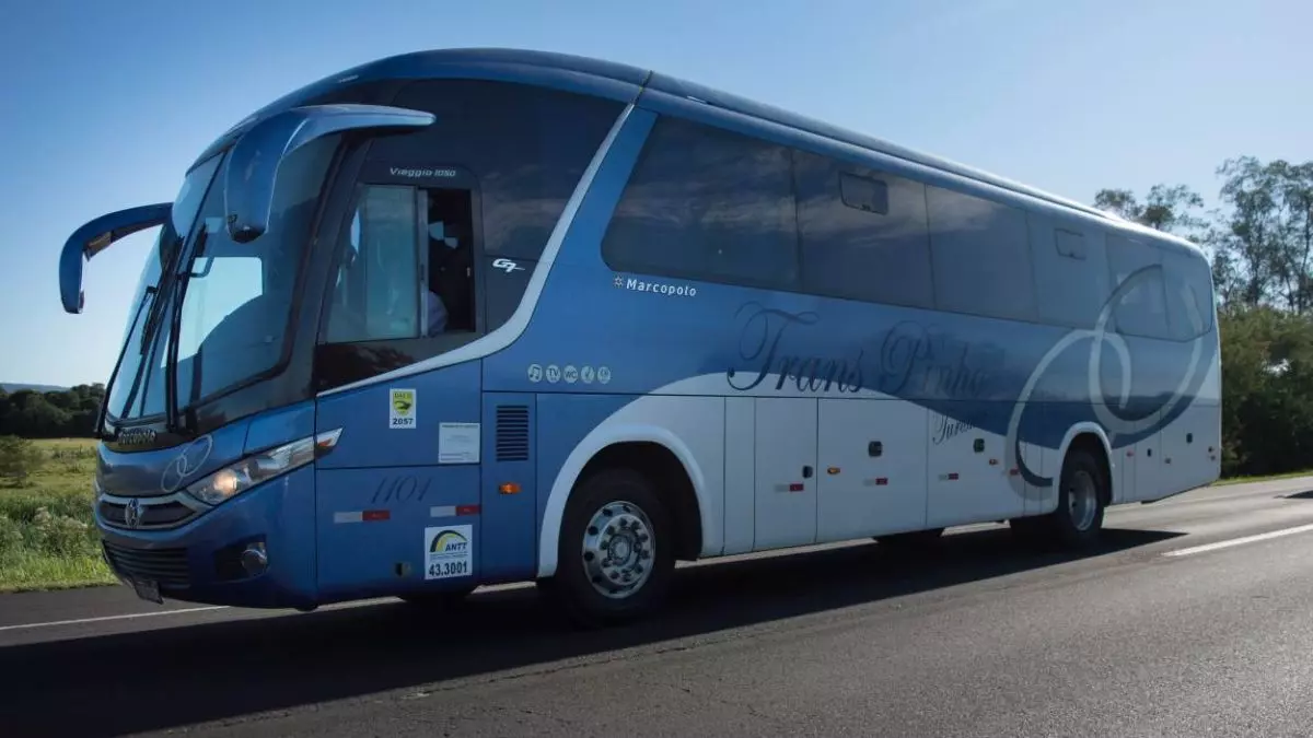 A foto mostra um ônibus da Trans Pinho