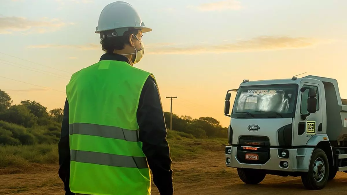A foto mostra um motorista e um caminhão da empresa 100 Entulho