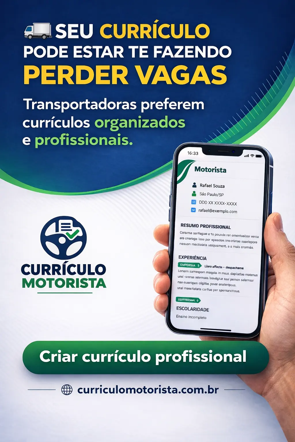 Divulgação do aplicativo curriculo motorista - Criar currículo agora