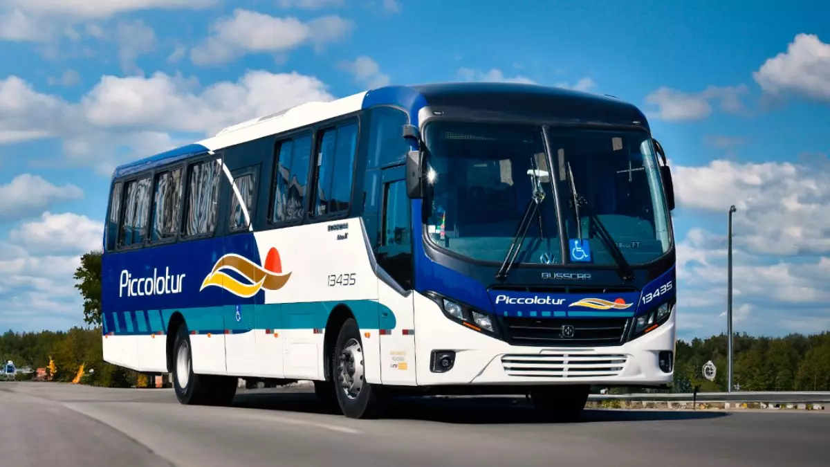 A foto mostra um ônibus da Piccolotur