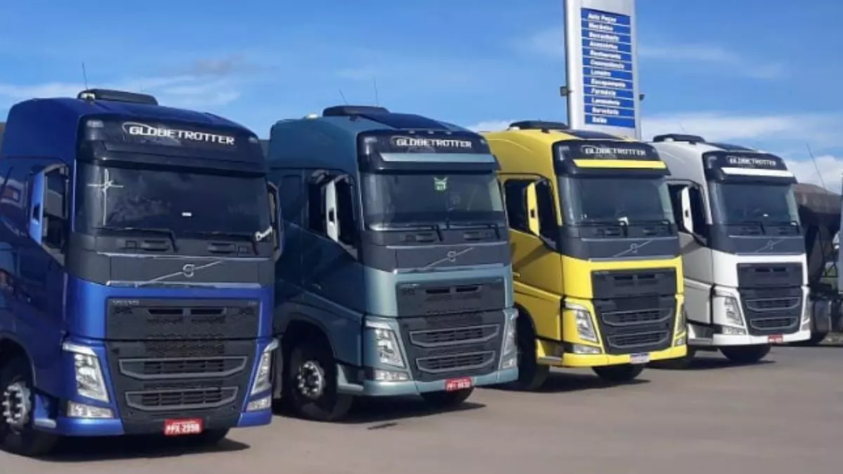 A foto mostra uma frota de caminhões da Serranalog Transportes 