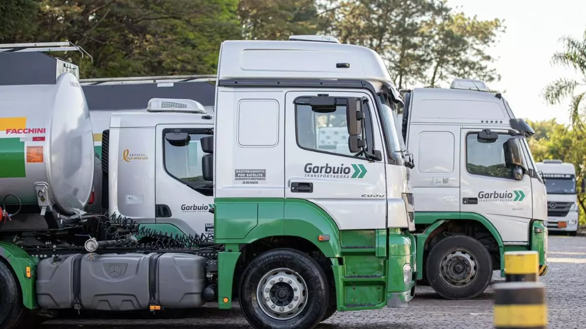 A foto mostra uma frota da Transportadora Garbuio