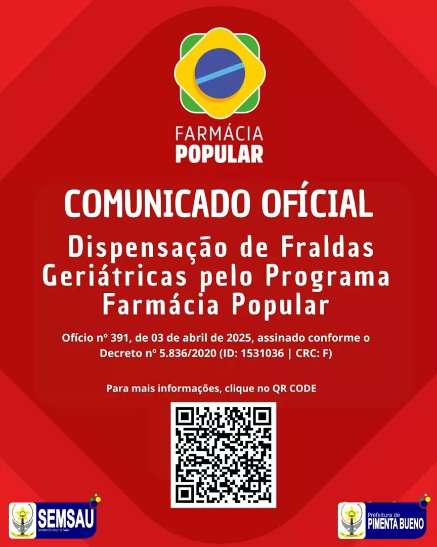 Comunicado Oficial – Dispensação de Fraldas Geriátricas pelo Programa Farmácia Popular